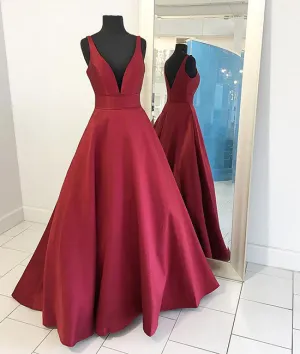 Red v neck satin long prom dress, red evening dress
