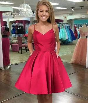 Red v neck short prom dress, simple red homecoming dress