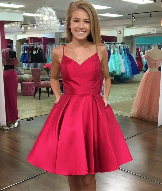 Red v neck short prom dress, simple red homecoming dress
