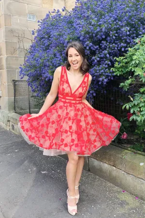 Red v neck tulle lace short prom dress, red homecoming dress