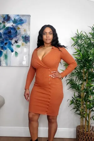 Ribbed Knit Midi Dress with Buttons