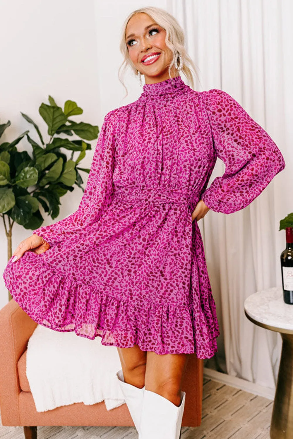 Rose Leopard Puff Sleeve Knotted High Neck Ruffle Dress