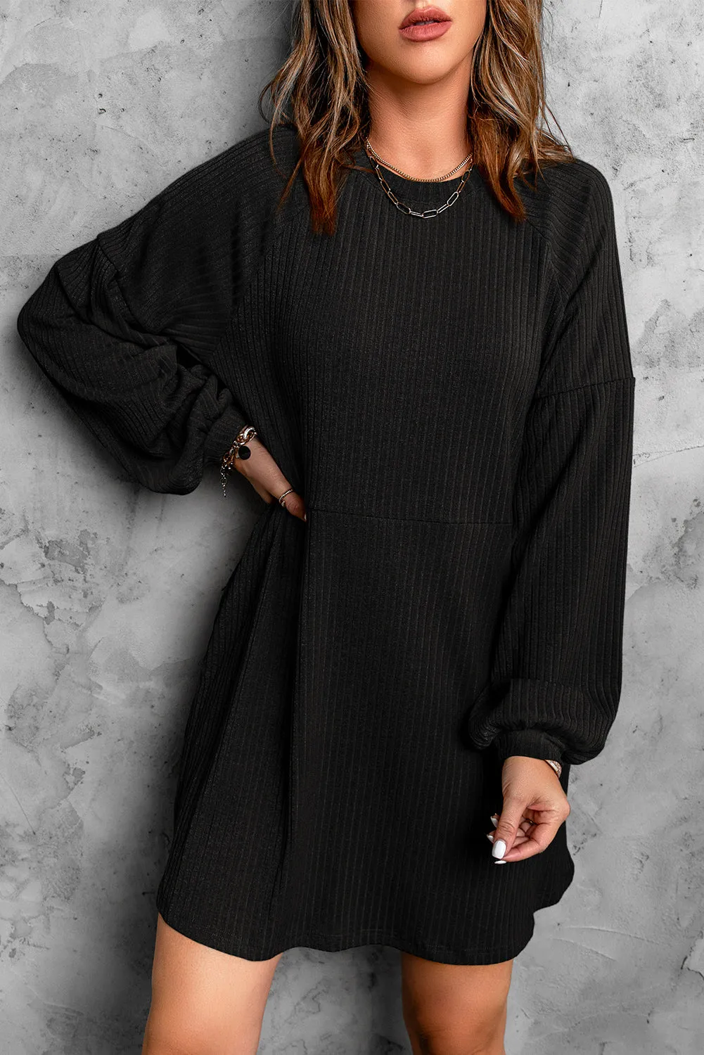 Round Neck Empire Waist Ribbed Knit Dress