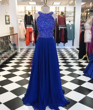 Royal blue round neck long prom dress, blue evening dress