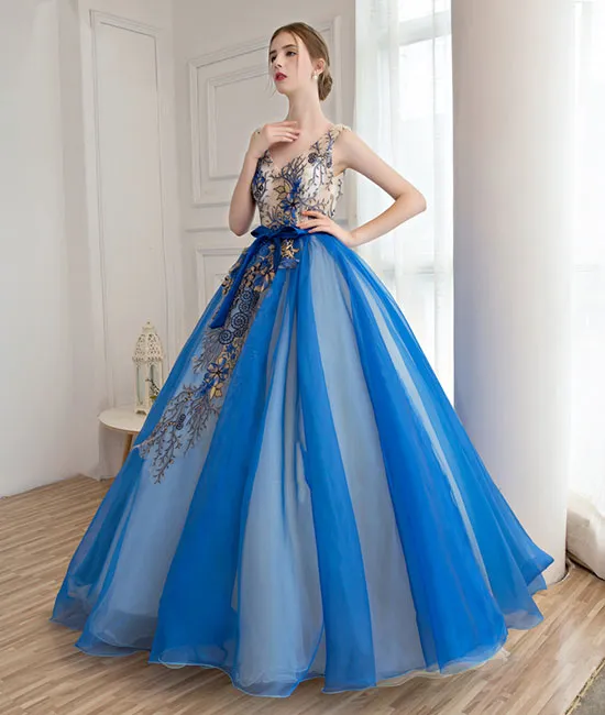 Royal blue tulle applique long prom dress, blue evening dress