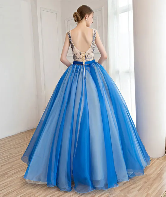 Royal blue tulle applique long prom dress, blue evening dress