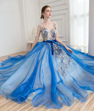 Royal blue tulle applique long prom dress, blue evening dress
