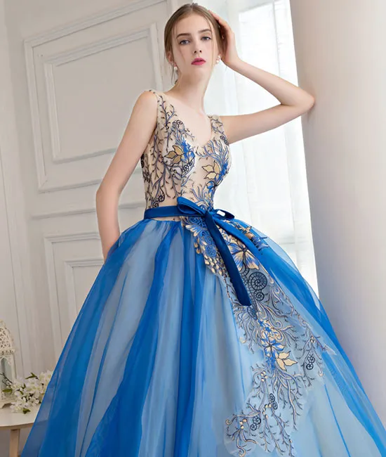 Royal blue tulle applique long prom dress, blue evening dress
