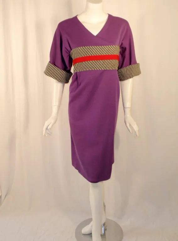 RUDI GERNREICH Purple Wool Kabuki Dress w/ Black and White Stripes