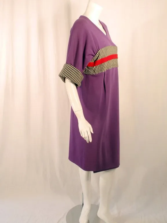 RUDI GERNREICH Purple Wool Kabuki Dress w/ Black and White Stripes