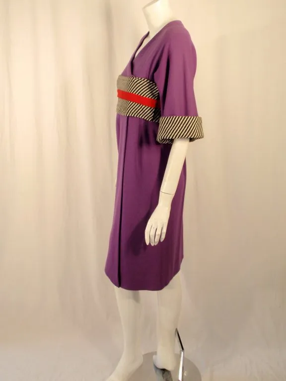 RUDI GERNREICH Purple Wool Kabuki Dress w/ Black and White Stripes