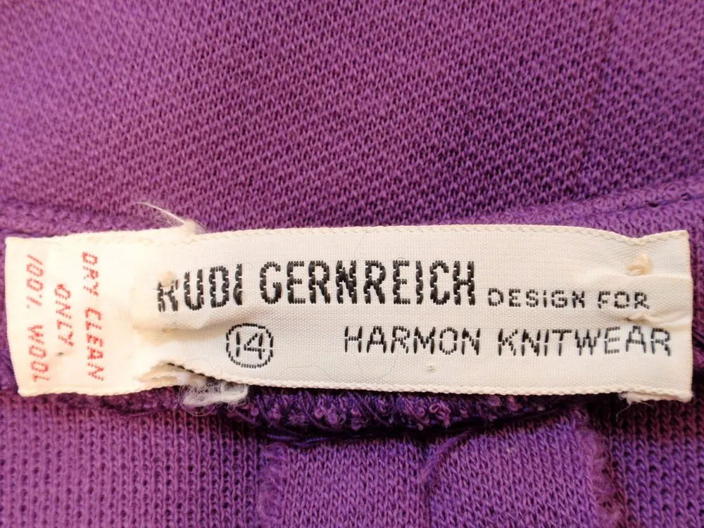 RUDI GERNREICH Purple Wool Kabuki Dress w/ Black and White Stripes