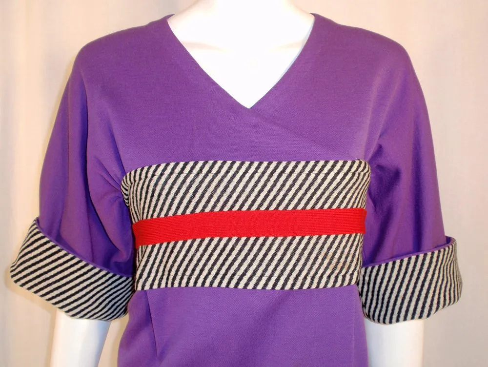 RUDI GERNREICH Purple Wool Kabuki Dress w/ Black and White Stripes