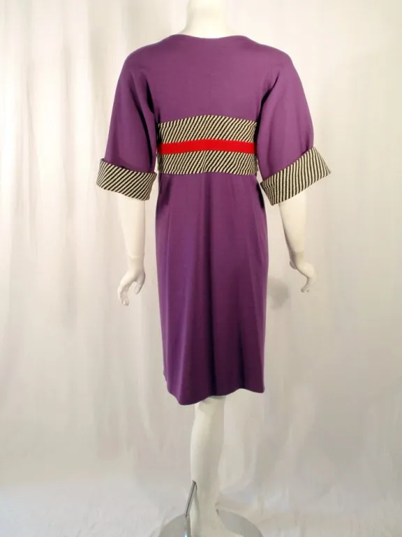 RUDI GERNREICH Purple Wool Kabuki Dress w/ Black and White Stripes