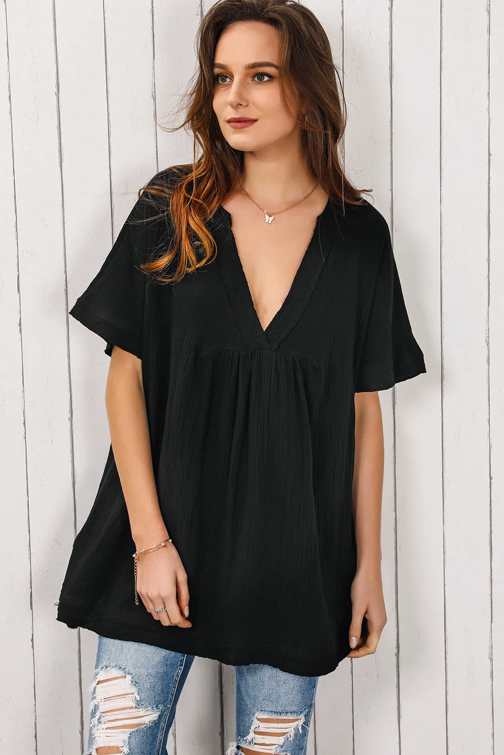 Ruffled 3/4 Sleeve V Neck Babydoll Mini Dress