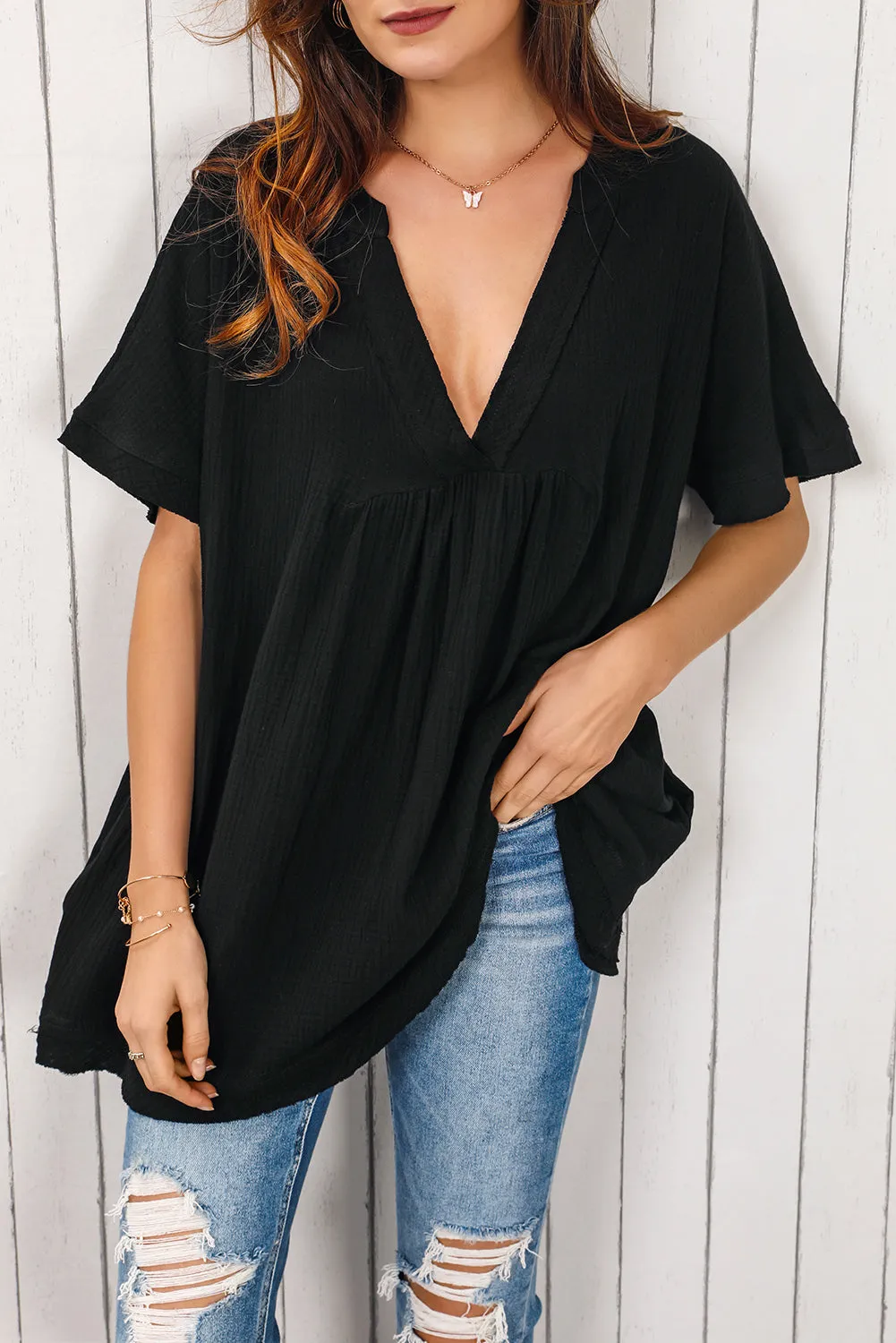 Ruffled 3/4 Sleeve V Neck Babydoll Mini Dress