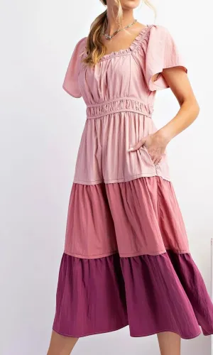 Short Sleeve Color Mix Cotton Poplin Maxi Dress