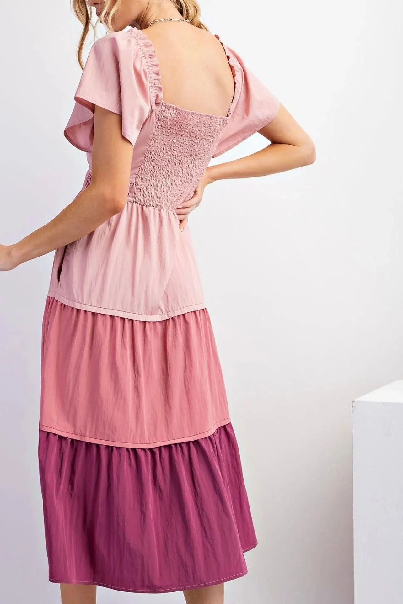 Short Sleeve Color Mix Cotton Poplin Maxi Dress