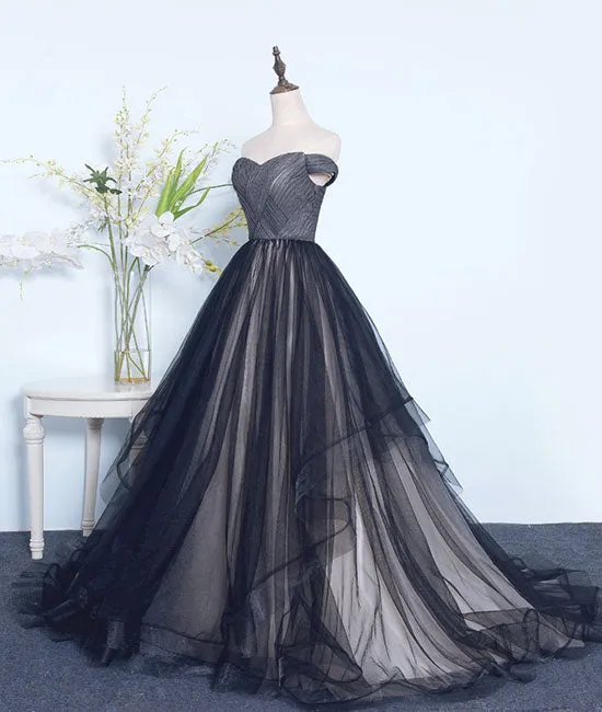 Simple black sweetheart tulle long prom dress, black evening dress