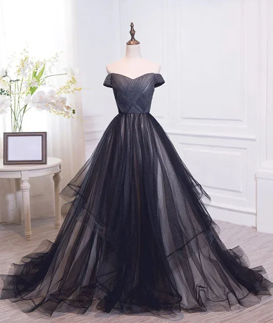 Simple black sweetheart tulle long prom dress, black evening dress