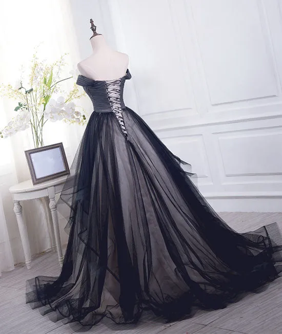 Simple black sweetheart tulle long prom dress, black evening dress