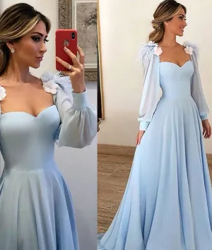 Simple blue long prom dress, blue evening dress