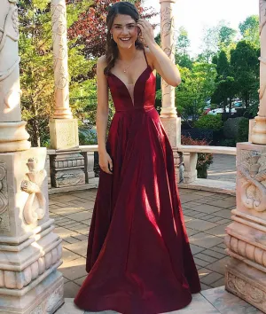 Simple burgundy satin long prom dress, burgundy evening dress