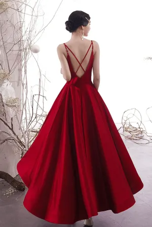 Simple burgundy satin prom dress, burgundy evening dress
