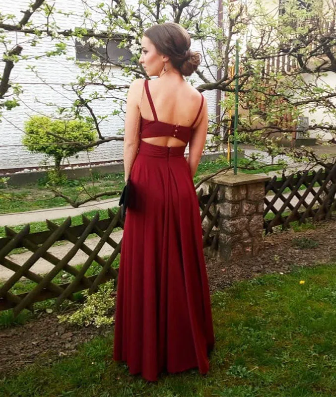 Simple chiffon burgundy long prom dress, burgundy evening dress