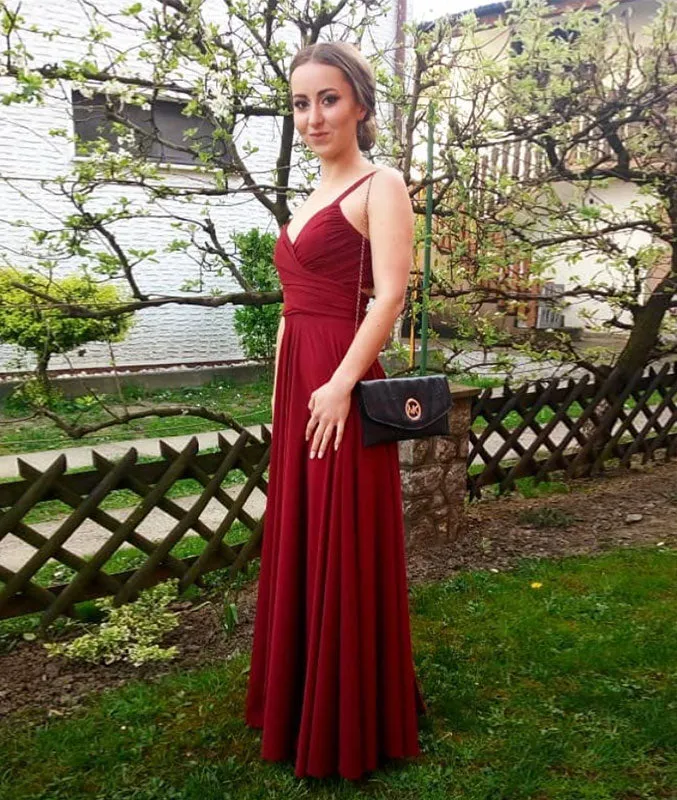 Simple chiffon burgundy long prom dress, burgundy evening dress