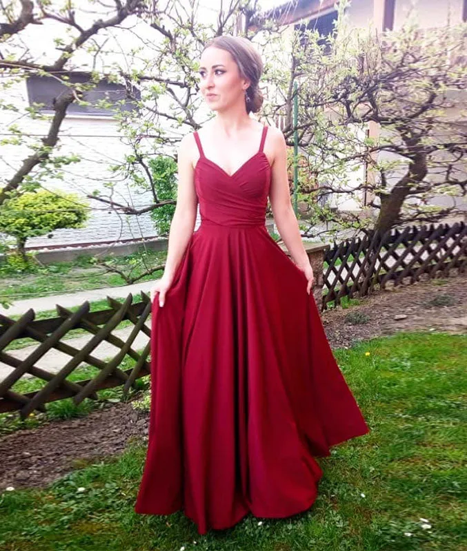 Simple chiffon burgundy long prom dress, burgundy evening dress