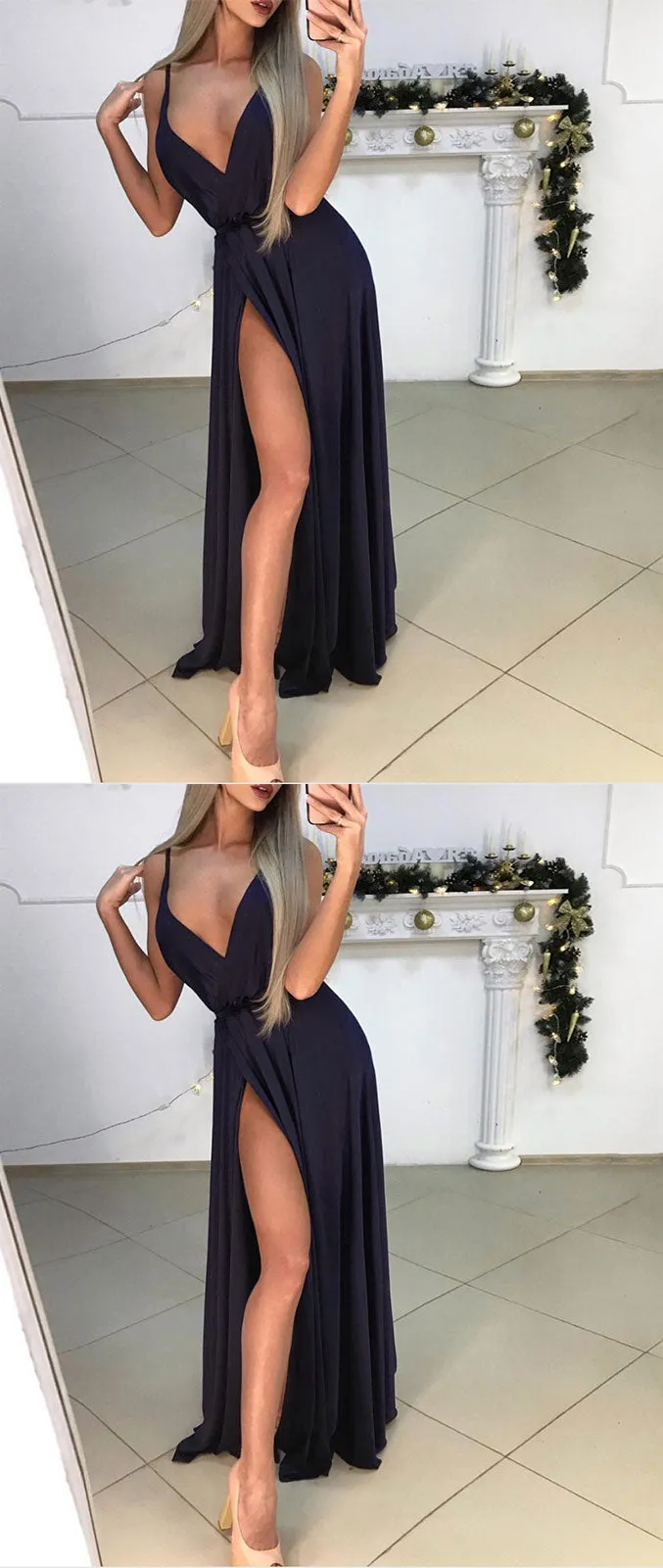 Simple dark blue v neck satin long prom dress, dark blue evening dress
