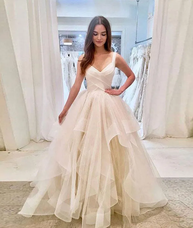 Simple light champagne tulle long prom dress, tulle evening dress