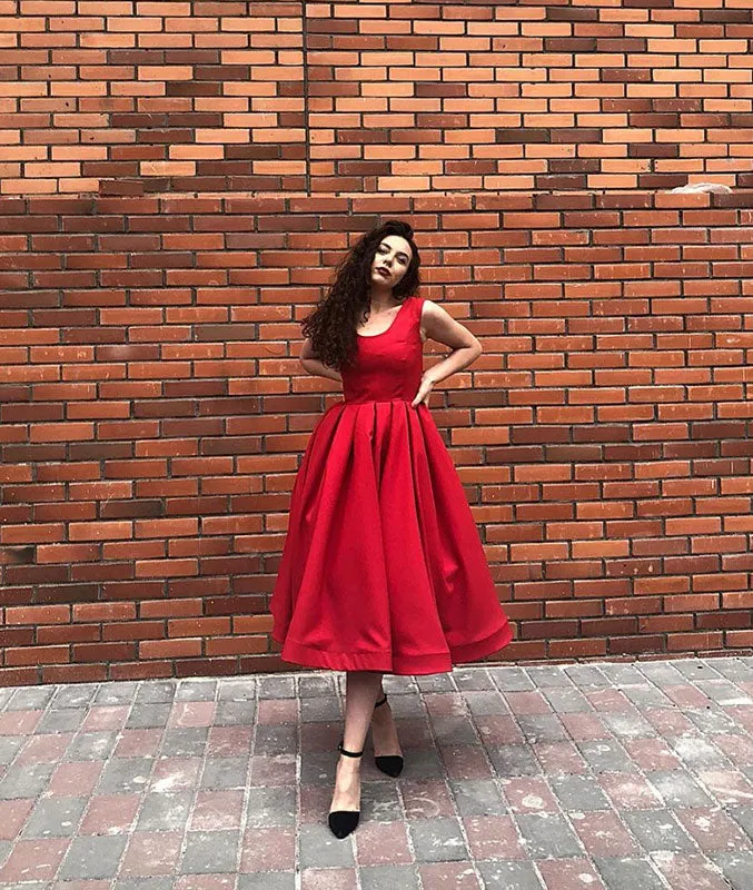 Simple red tea Length prom dress, red evening dress