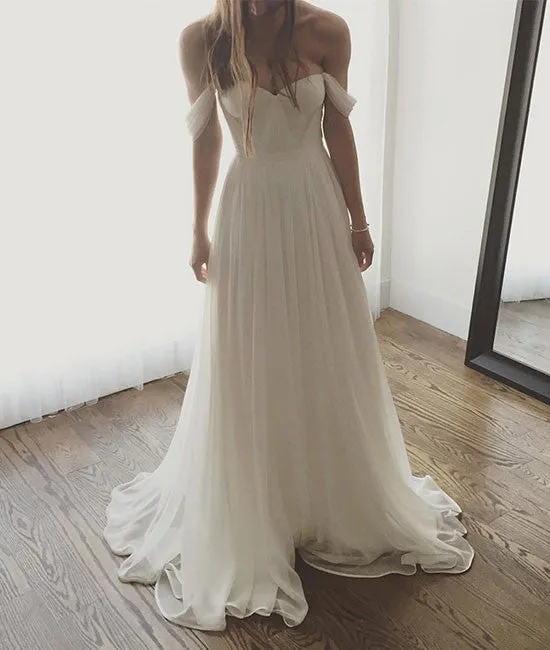 Simple sweetheart neck chiffon white long prom dress, bridesmaid dress