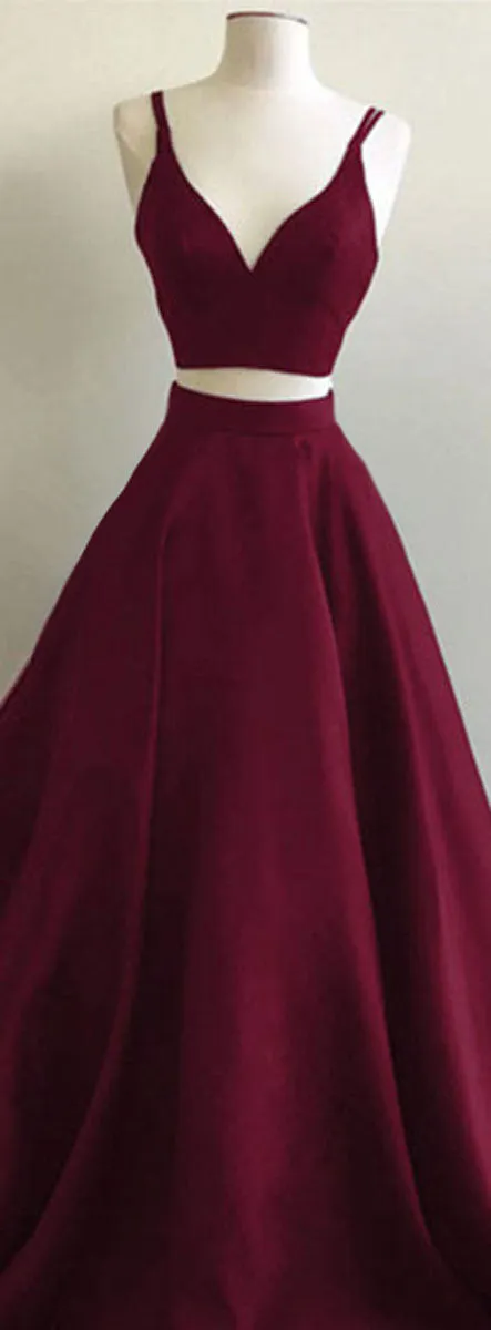 Simple two pieces burgundy long prom dress, burgundy evening dress