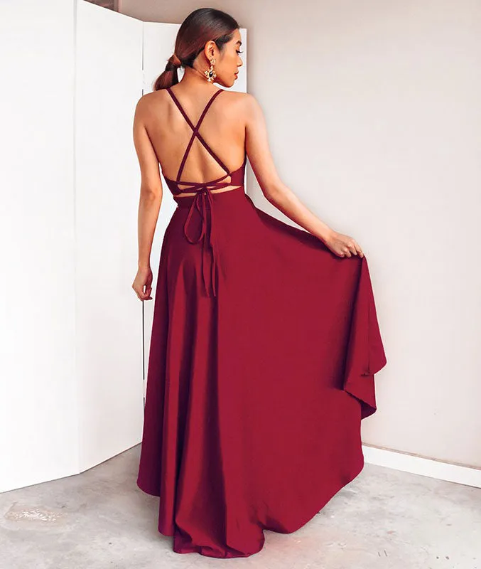 Simple v neck burgundy chiffon prom dress, burgundy evening dress