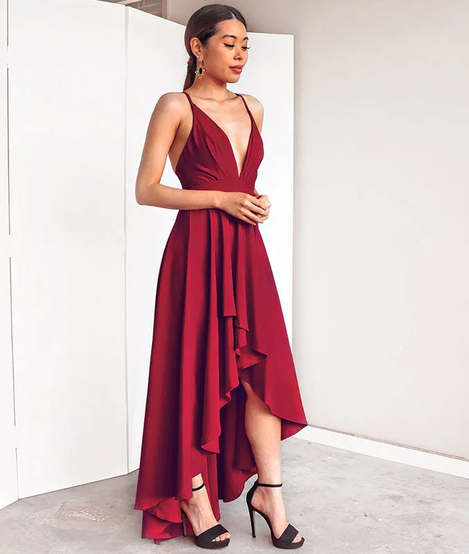 Simple v neck burgundy chiffon prom dress, burgundy evening dress