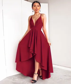 Simple v neck burgundy chiffon prom dress, burgundy evening dress
