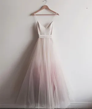 Simple v neck tulle long prom dress, tulle evening dress