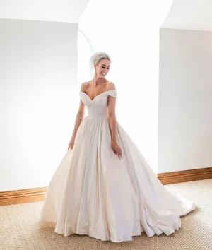 Simple white off shoulder long prom dress, white evening dress