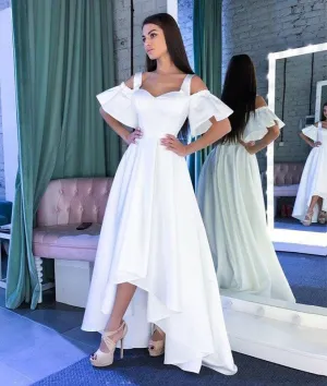 Simple white satin prom dress, white evening dress