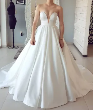 Simple white sweetheart satin long prom dress, white evening dress