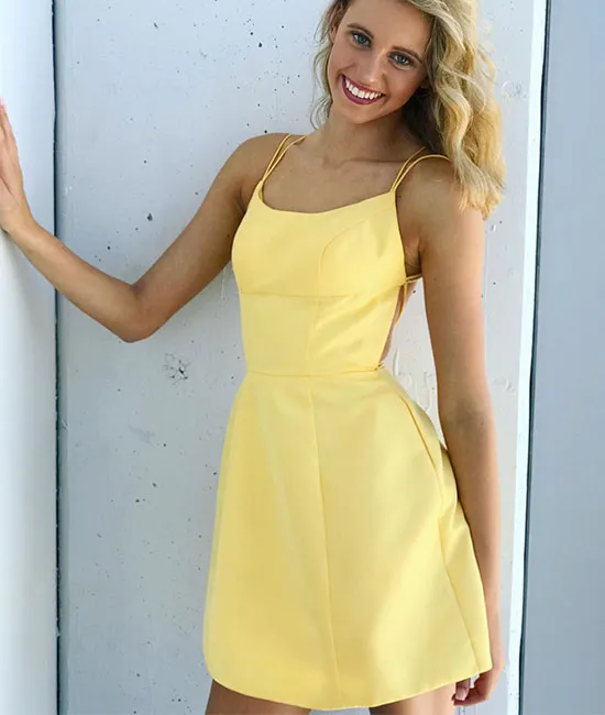 Simple yellow backless short prom dress, yellow homecoming dress