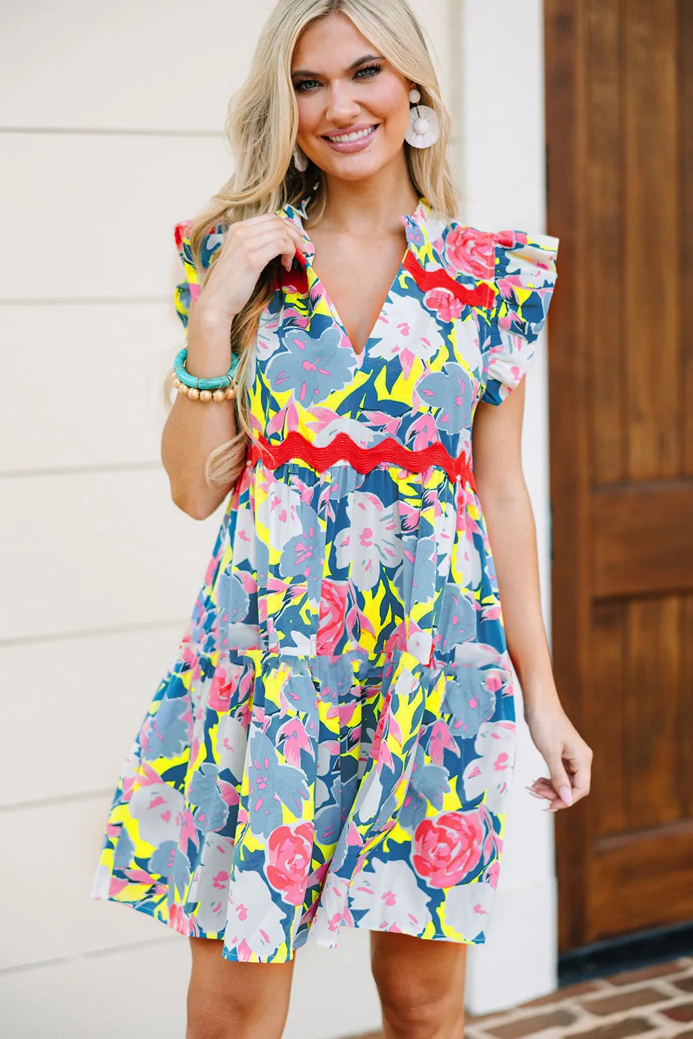 Sky Blue Floral Printed V Notched Ric Rac Flutter Sleeve Dress