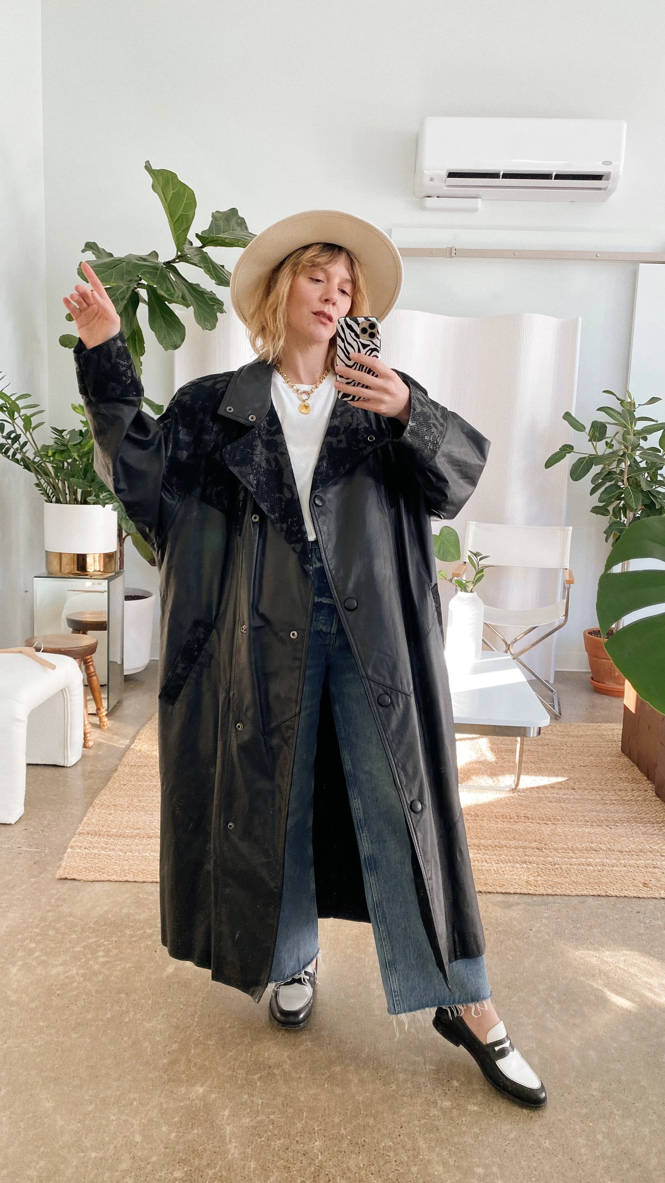 Snakeprint Leather Trench Coat