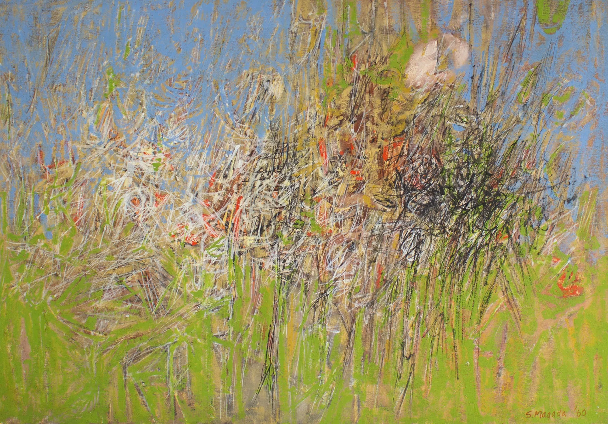 Stephen Magada Signed 1960 “Encounter” Abstract Oil on Canvas Painting