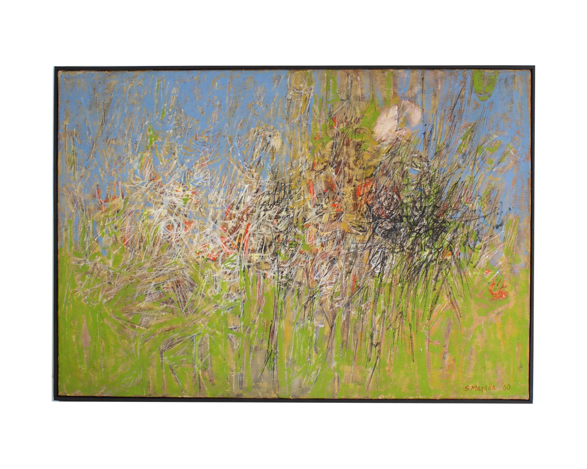Stephen Magada Signed 1960 “Encounter” Abstract Oil on Canvas Painting
