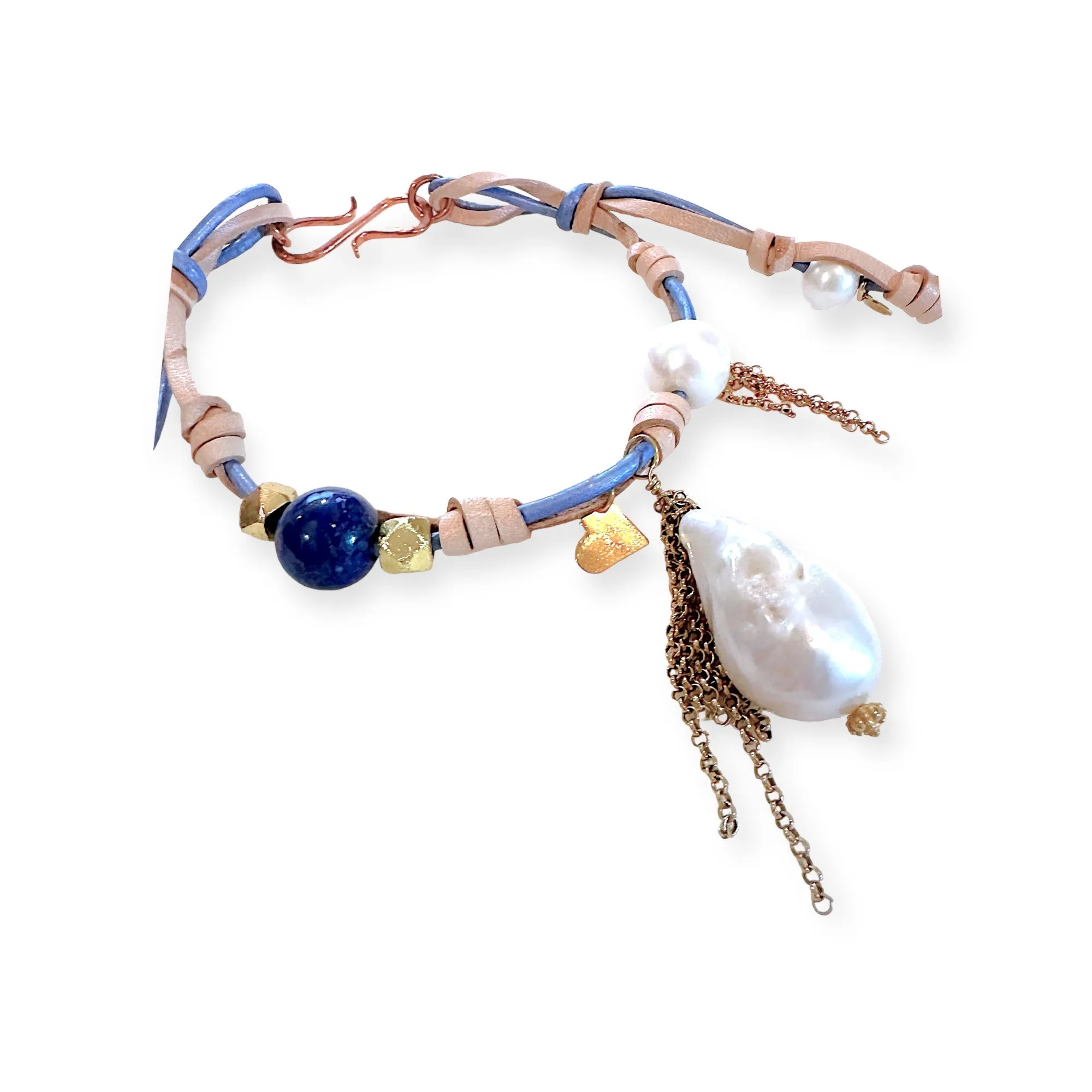 SUMMER LOVING BAROQUE PEARL LAPIS GOLD HEART AND CHAIN ROCKSTAR ANKLET
