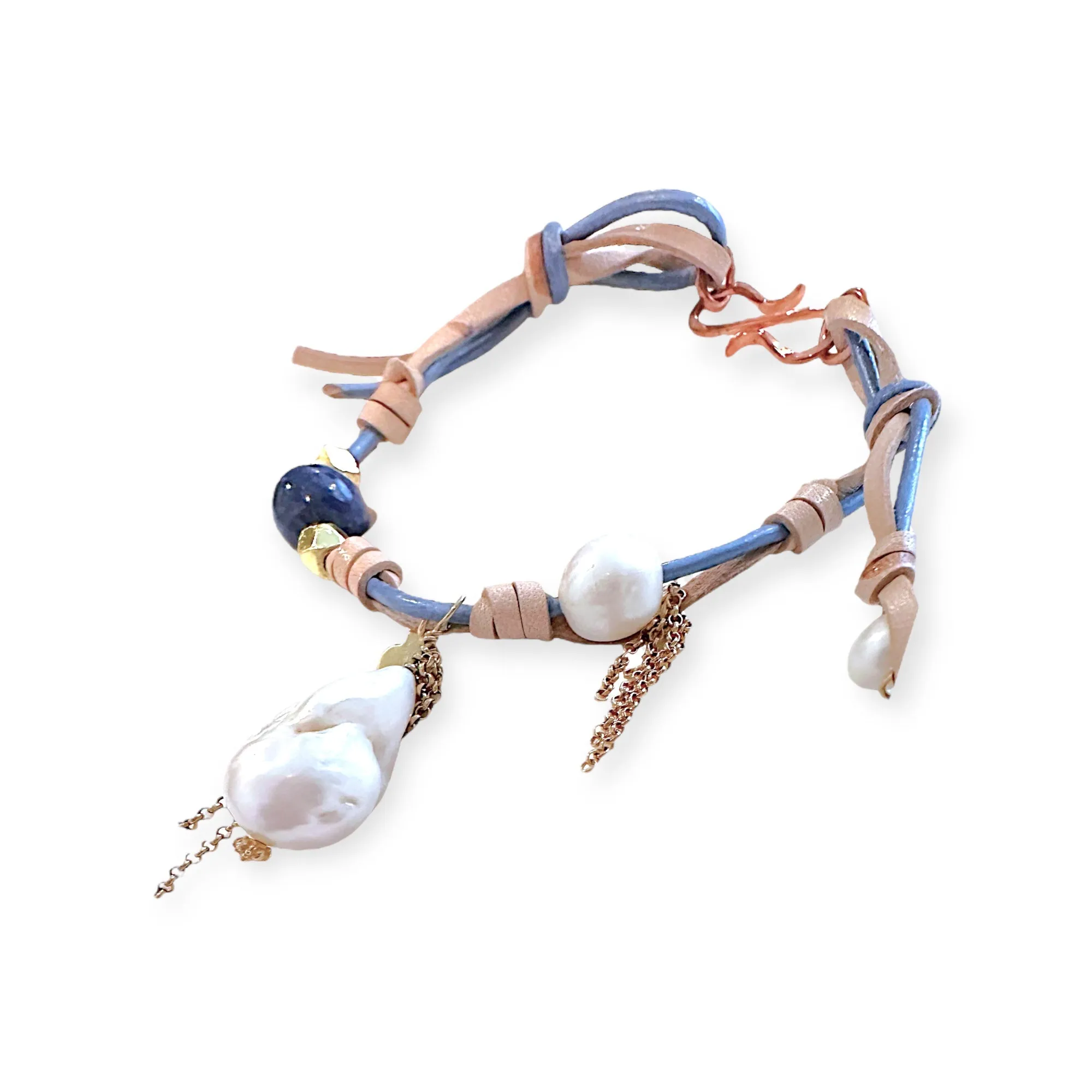 SUMMER LOVING BAROQUE PEARL LAPIS GOLD HEART AND CHAIN ROCKSTAR ANKLET